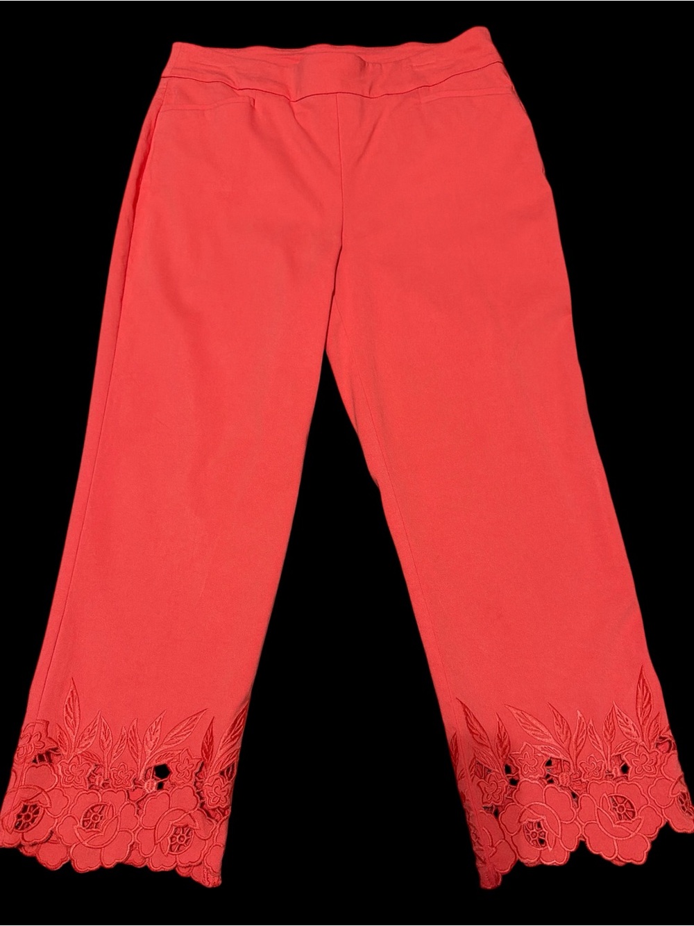 Chico’s Coral Floral-Embroidery Hem Pull-On Pants